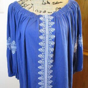 Chaps Denim Off the Shoulder Blouse, Embroidery, 3/4 Sleeves, Blue, Boho,Size 1X